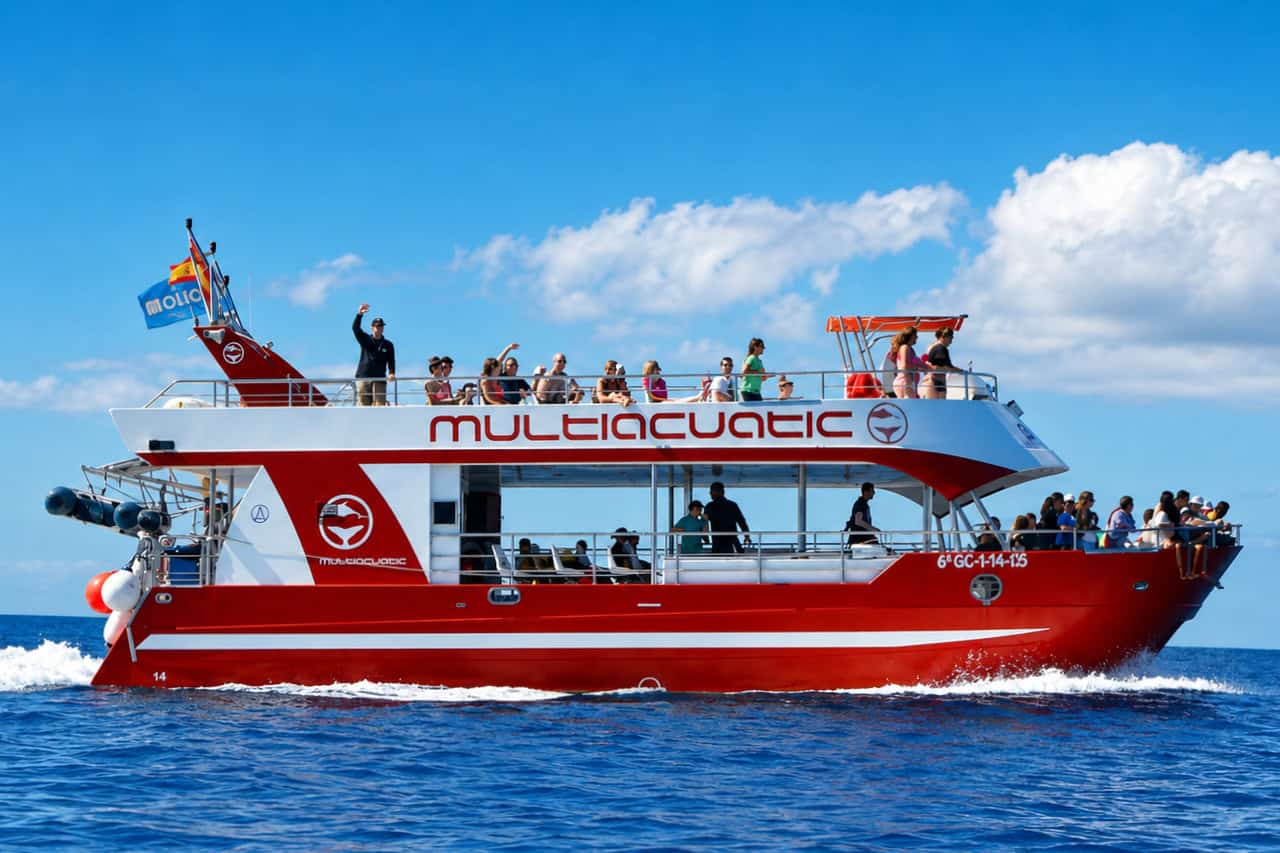 The Multiacuatic whale and dolphin watching catamaran on calm blue water off Puerto Rico, Gran Canaria.