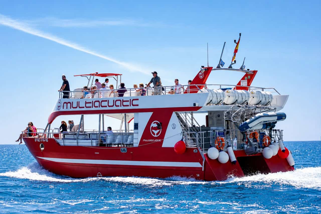 Side view of the Multiacuatic catamaran cruising the south west coast of Gran Canaria from Puerto Rico, full of passengers.