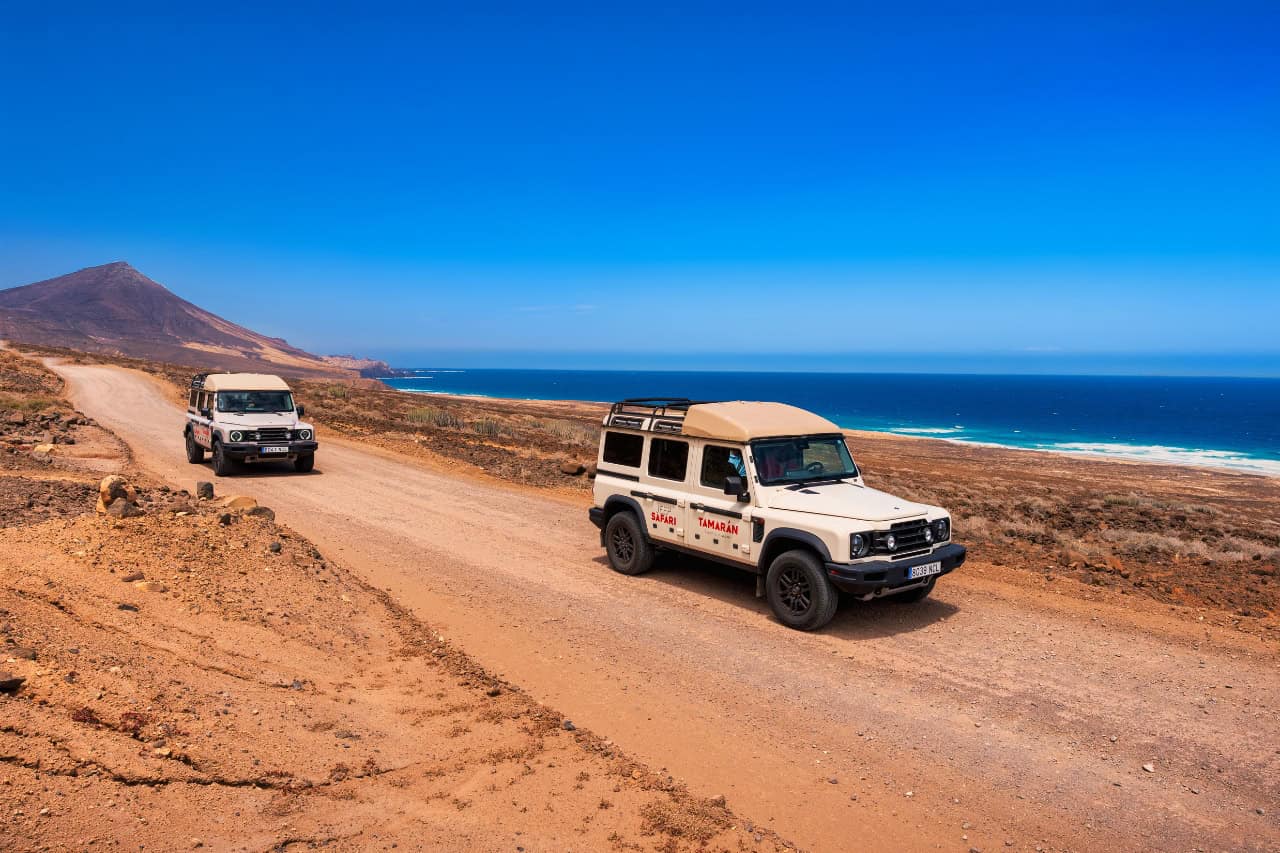 Off-road Jeep Safari Fuerteventura driving dirt tracks through volcanic landscape