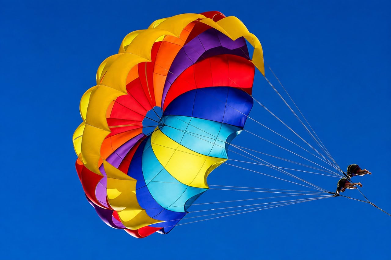 Two people tandem parasailing beneath a colourful parachute in the clear blue sky over Gran Canaria.