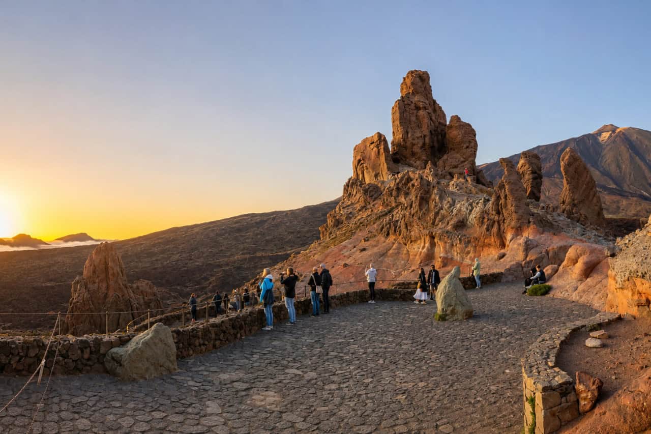 Volcanic rock formations with Teide behind them at sunset