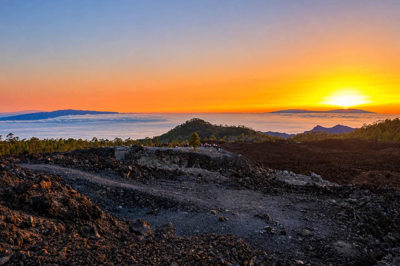 Wide sunset view above the clouds in Teide National Park