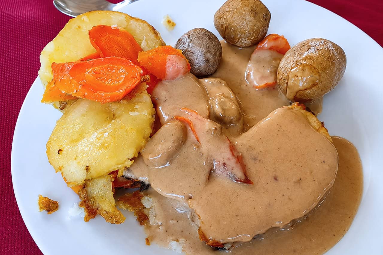 Dinner with meat, potatoes, vegetables and sauce served during the Teide by Night excursion in Tenerife.