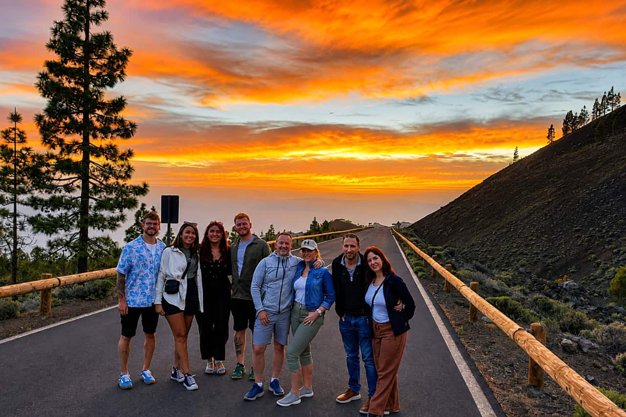 Group enjoying sunset in Teide National Park during the Tenerife Stars Excursion