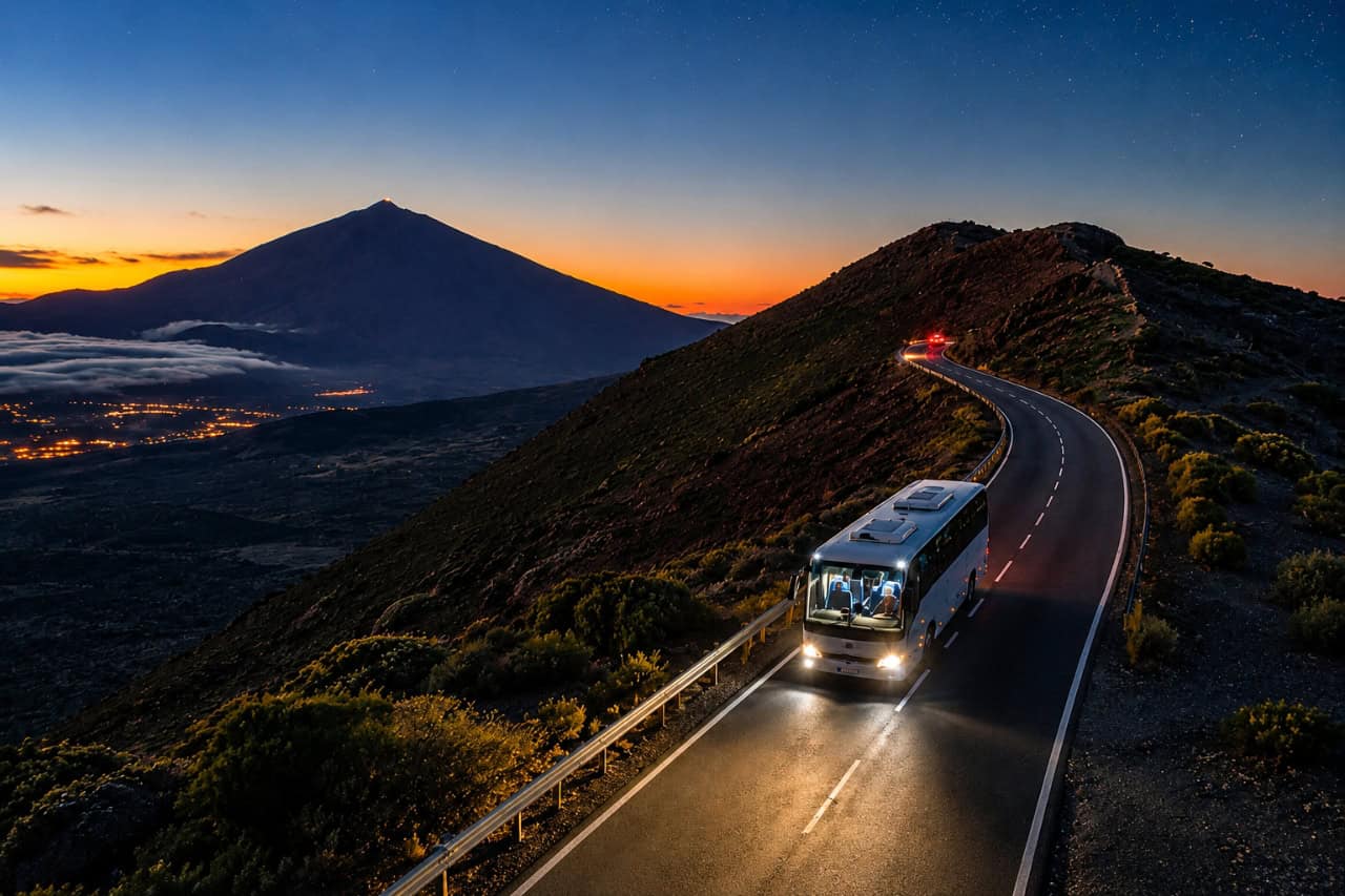 Tenerife Stars Excursion tourbus rijdt bij zonsondergang door Nationaal Park Teide