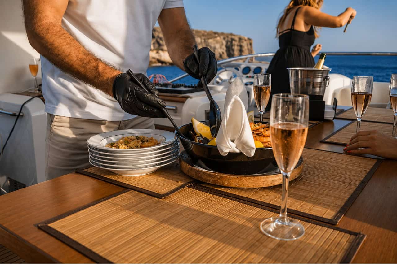 Crew member serving a freshly prepared seafood paella with champagne aboard a luxury Tigresa yacht charter in Tenerife.