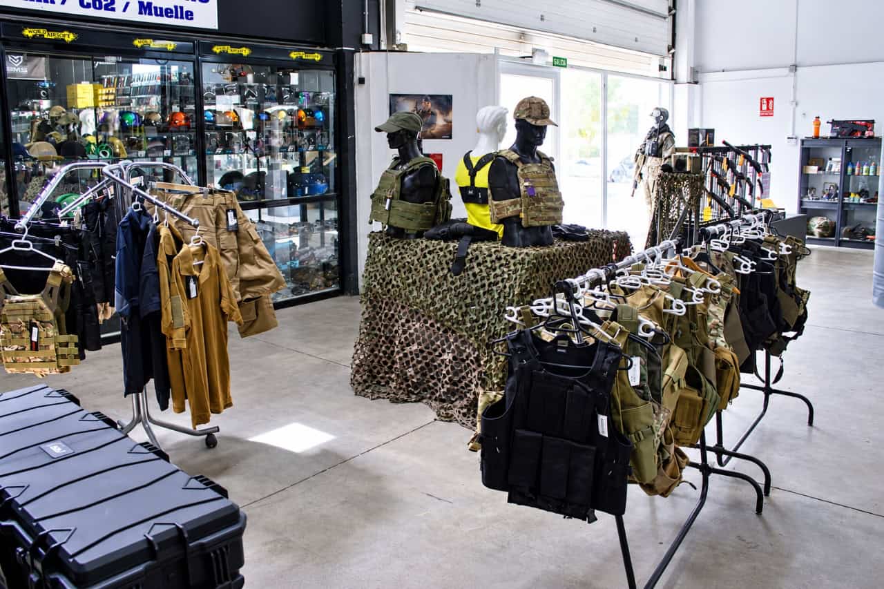 Tactical vests, protective gear and airsoft equipment displayed inside the centre