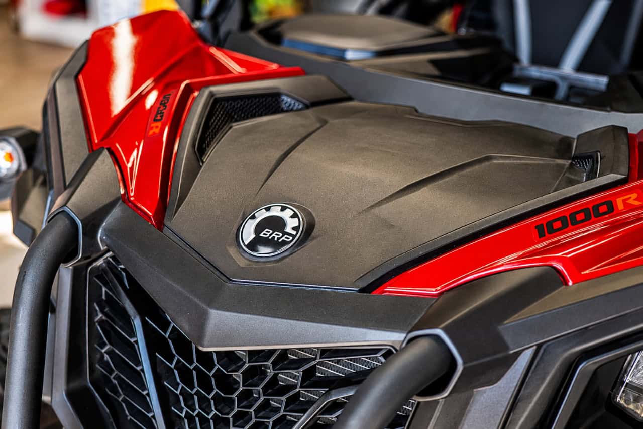 Close-up of a red Can-Am Maverick 1000R buggy