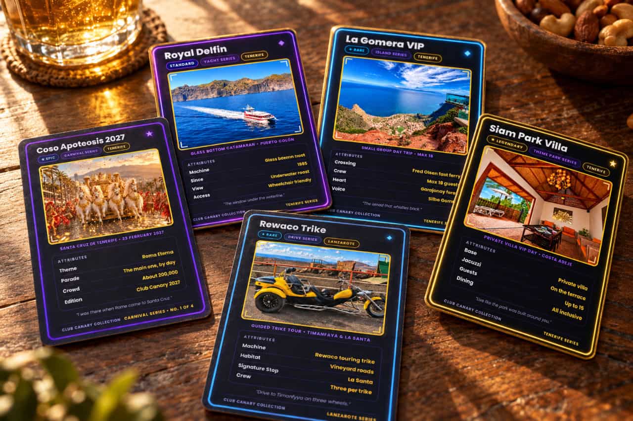 Five Club Canary collectible cards spread on a wooden table, Coso Apoteosis, Royal Delfin, La Gomera VIP, Rewaco Trike and Siam Park Villa