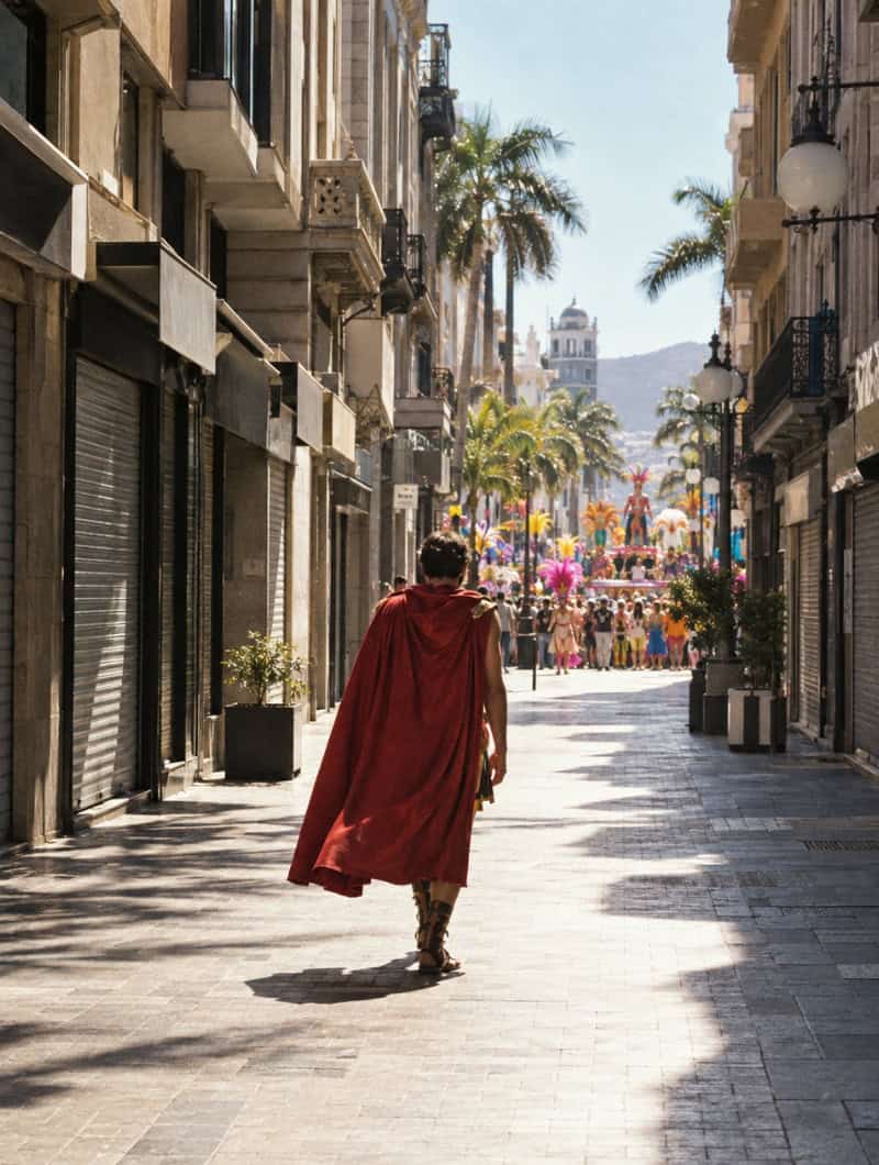 Een impressie van een afgesloten winkelstraat in Santa Cruz op de dag van de Coso Apoteosis: een man in een rode Romeinse mantel loopt richting de parade aan het einde van de straat.