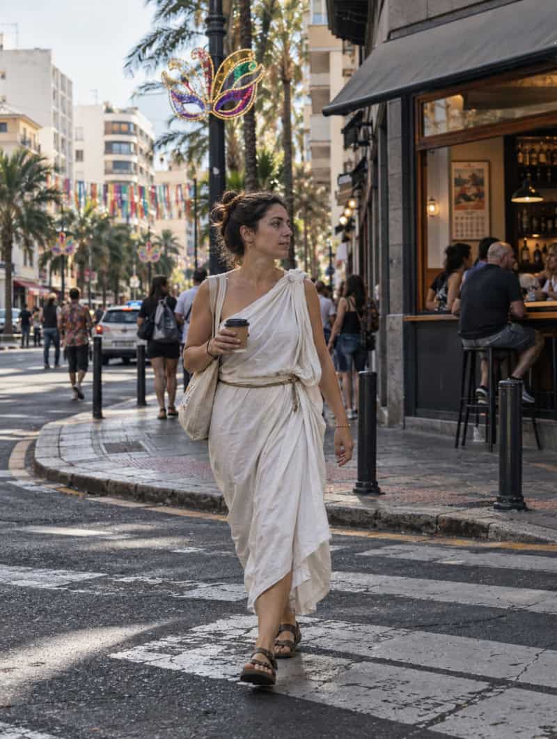 Een impressie van een vrouw in een witte toga die een koffiebox met een bestelbon op een straat in Santa Cruz passeert tijdens het Carnaval, met mensen in normale kleding rondom haar