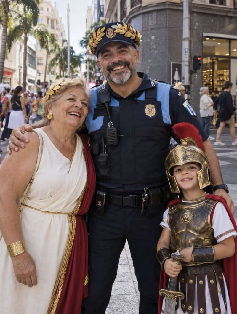 Impresie van een glimlachende plaatselijke politieagent met een gouden laurierkrans op zijn hoed naast een grootmoeder in een toga en een jongen in een Romeins helm op een straat in Santa Cruz
