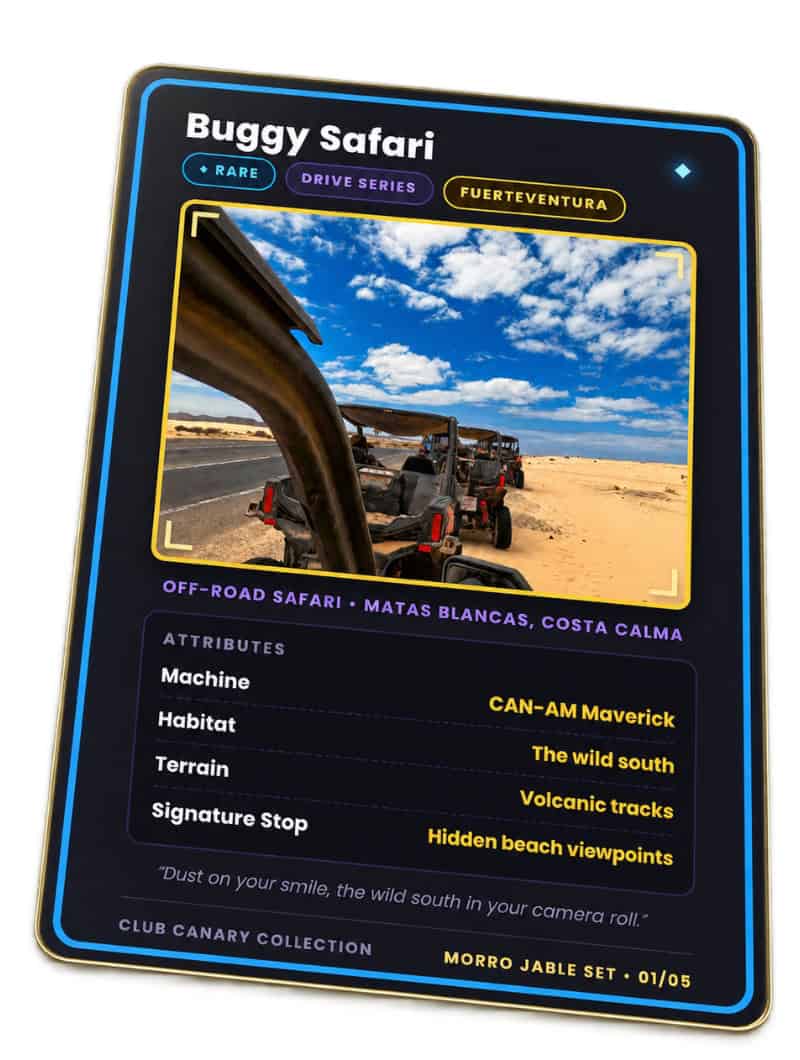 Club Canary collectible card for the buggy safari from Costa Calma in Fuerteventura, Rare tier, Morro Jable Set