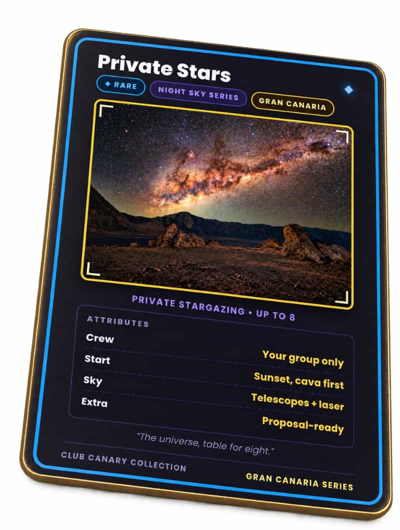 Club Canary collectible card for private stargazing in Gran Canaria, Rare tier, Milky Way over the mountains