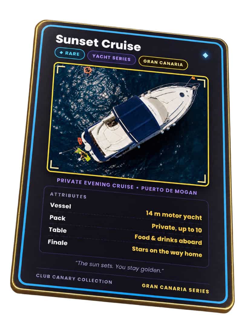 Club Canary collectible card for the private sunset cruise from Puerto de Mogán in Gran Canaria, Rare tier
