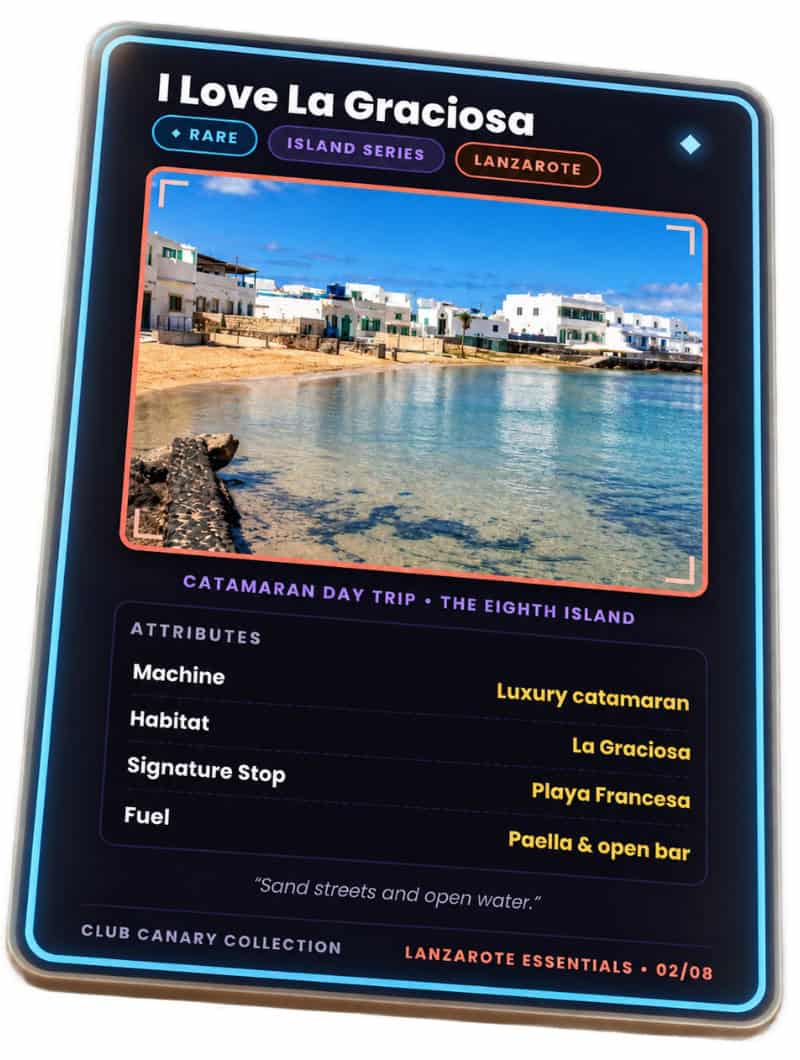 Club Canary collectible card for the La Graciosa catamaran day trip from Lanzarote, Rare tier, Lanzarote Essentials set