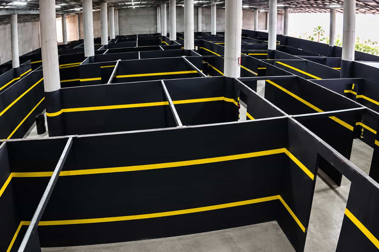 Indoor airsoft arena with maze barriers in Las Chafiras, Tenerife