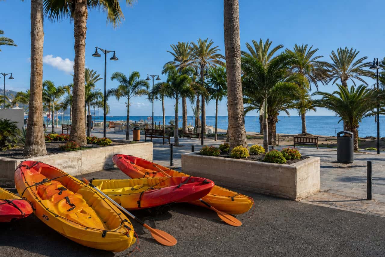 Bright yellow, orange and red kayaks positioned beside a palm-lined seafront in south Tenerife, ready for a coastal kayaking excursion. The Atlantic Ocean is visible behind the equipment, showing the seaside setting for the kayak tour.