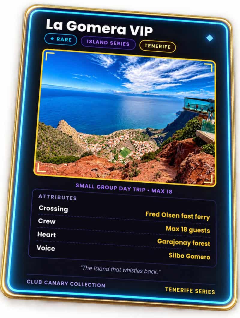 Club Canary collectible card for the small group La Gomera day trip from Tenerife, Rare tier, Mirador de Abrante