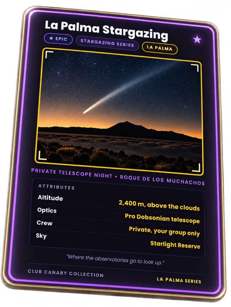 Club Canary collectible card for private stargazing at Roque de los Muchachos in La Palma, Epic tier, comet over the clouds