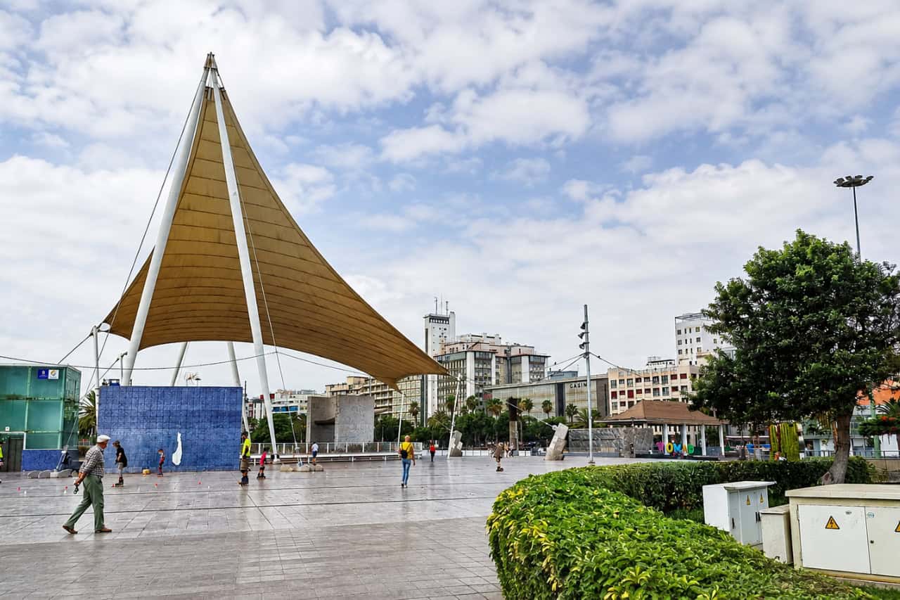 Las Palmas de Gran Canaria bus station and open city plaza with its distinctive sail-shaped canopy during the Gran Canaria Island Day Tour.