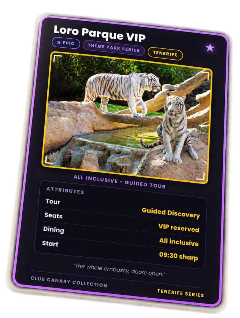 Club Canary collectible card for the Loro Parque VIP all inclusive day in Tenerife, Epic tier, white tigers