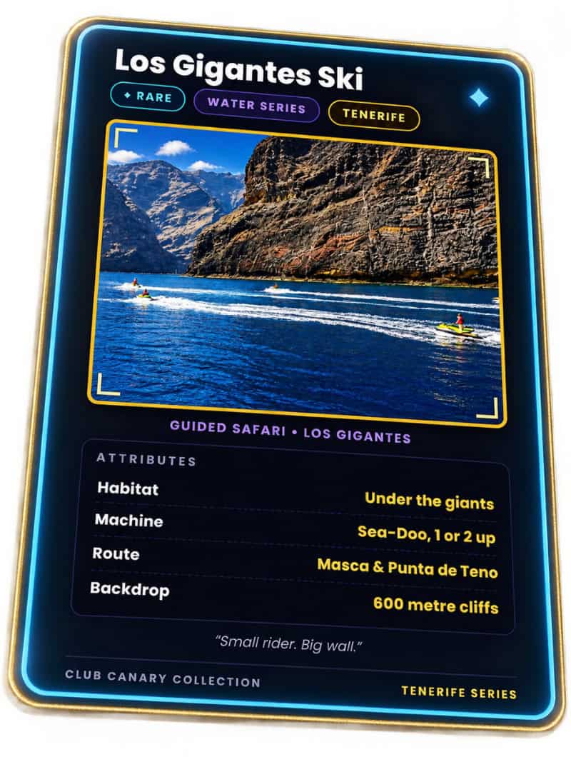 Club Canary collectible card for the jet ski safari under the Los Gigantes cliffs in Tenerife, Rare tier