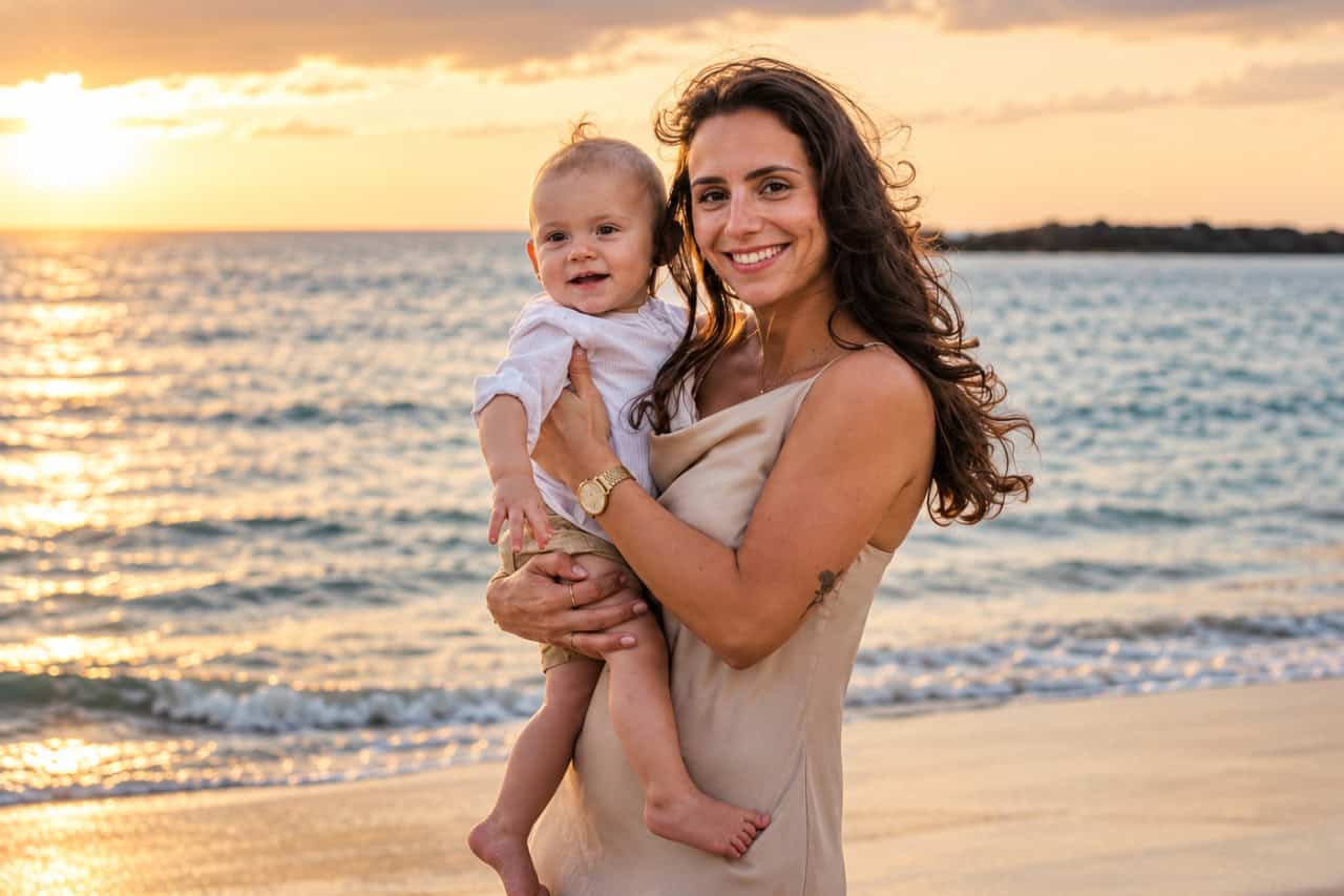 Moeder houdt haar glimlachende baby op een strand op Tenerife bij zonsondergang vast