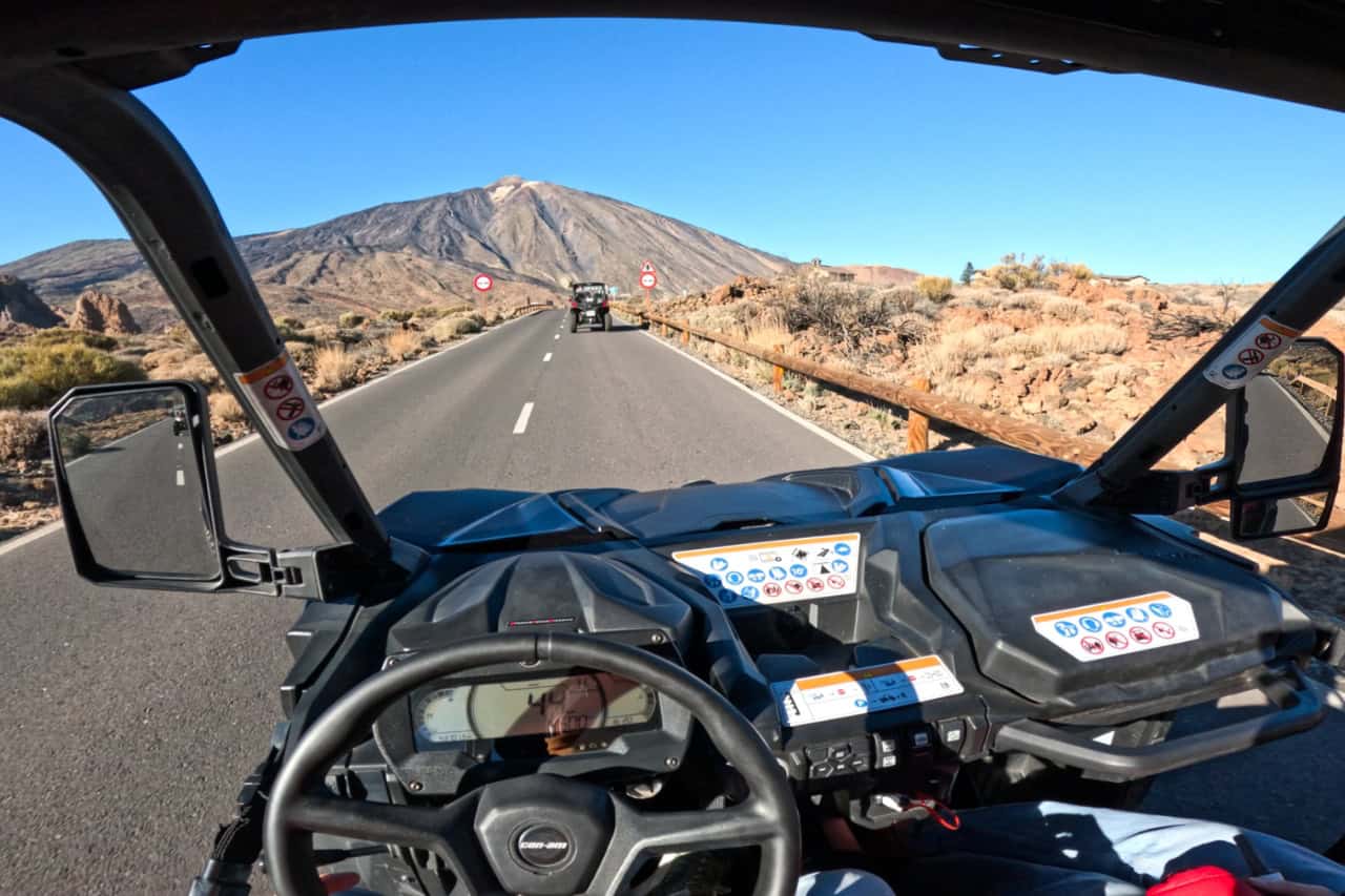 View from inside a buggy driving towards Mount Teide
