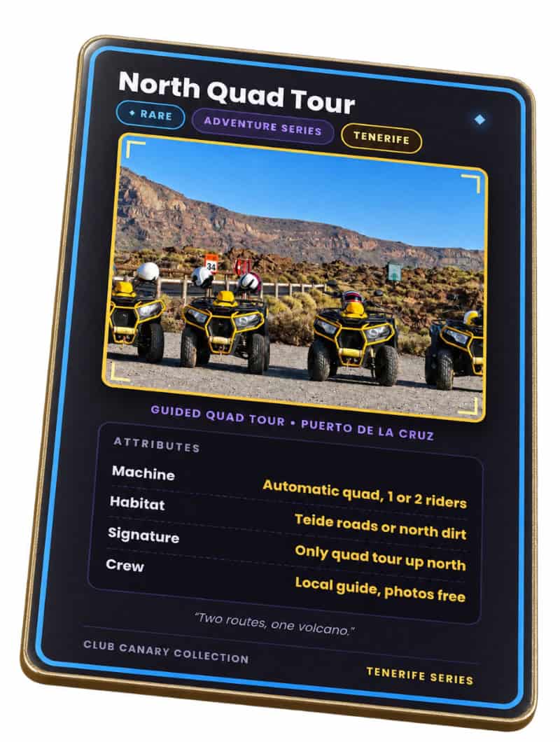 Club Canary collectible card for the guided quad tour from Puerto de la Cruz in Tenerife, Rare tier