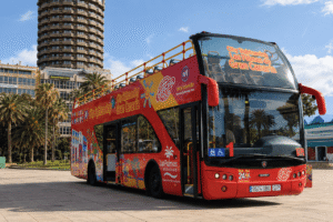 Red open-top City Sightseeing Las Palmas double-decker bus parked in a sunny plaza surrounded by palm trees and city buildings.