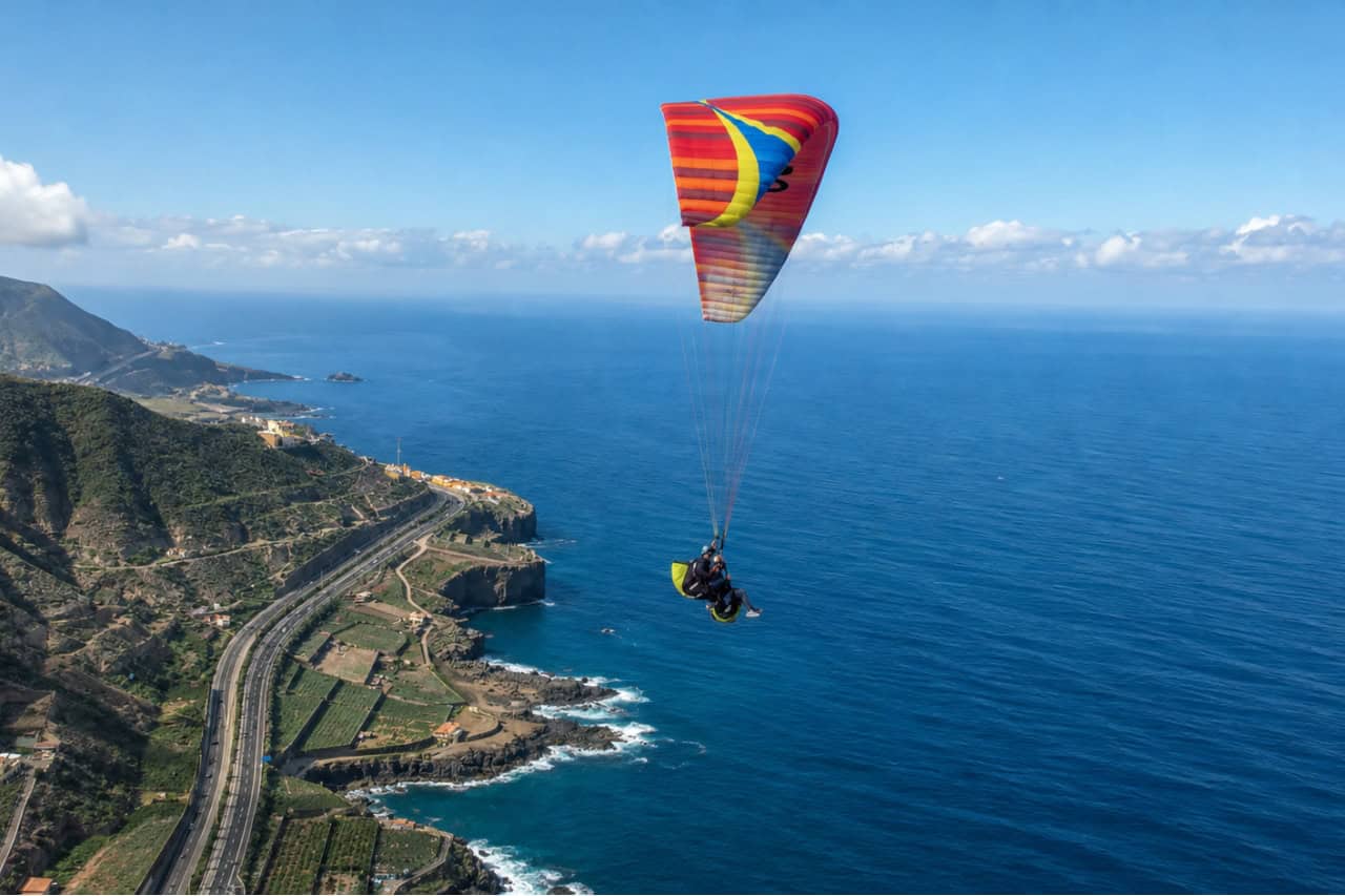 Weiter Panoramablick auf einen Tandem-Gleitschirm, der hoch über der Küste von Gran Canaria fliegt, mit einem bunten Gleitschirmschirm, vulkanischen Bergen, Küstenstraßen und dem Atlantischen Ozean, der sich in der Ferne erstreckt. Das Bild zeigt die Panoramalandschaft, die Gäste bei einem Gleitschirmflug auf Gran Canaria erleben können.