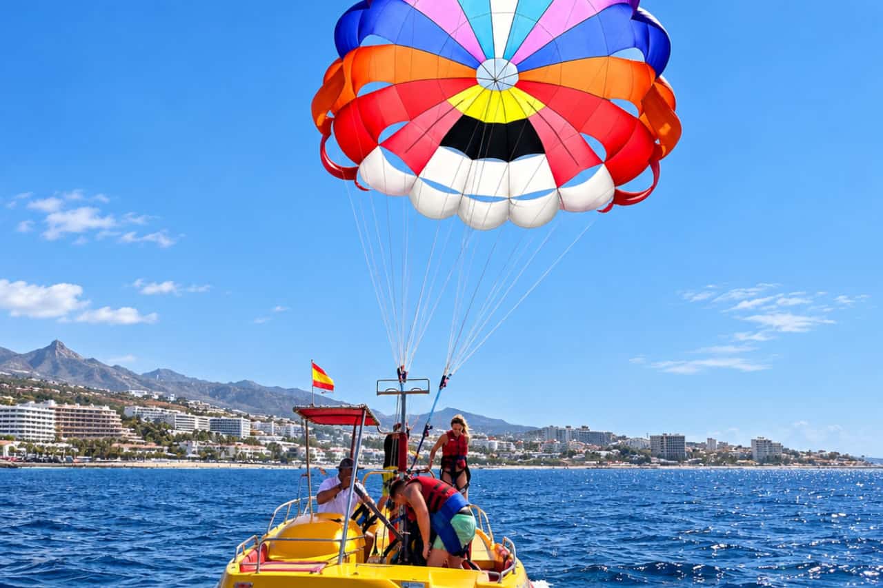 Parasailing boat at sea off Costa Adeje with the colourful canopy opening above the deck