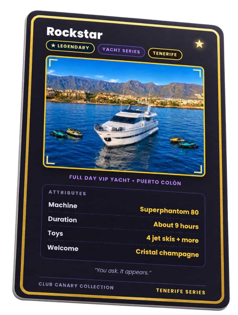 Club Canary collectible card for the Rockstar full day VIP yacht in Tenerife, Legendary tier