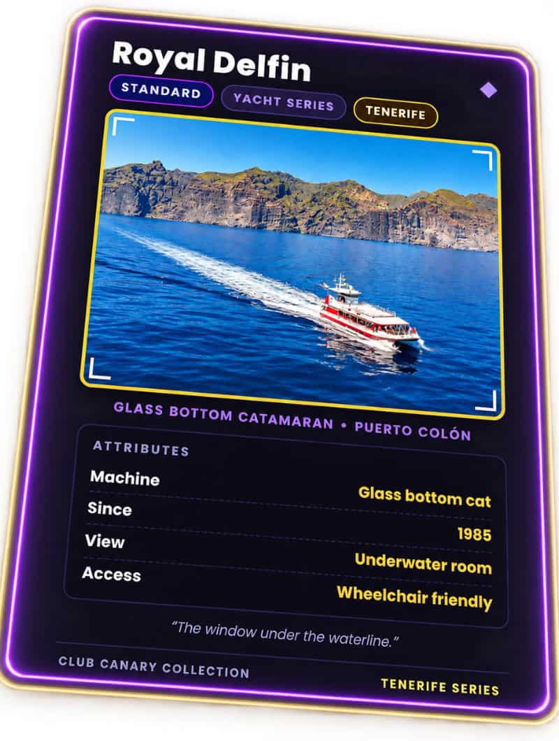 Club Canary collectible card for the Royal Delfin glass bottom catamaran in Tenerife, Standard tier