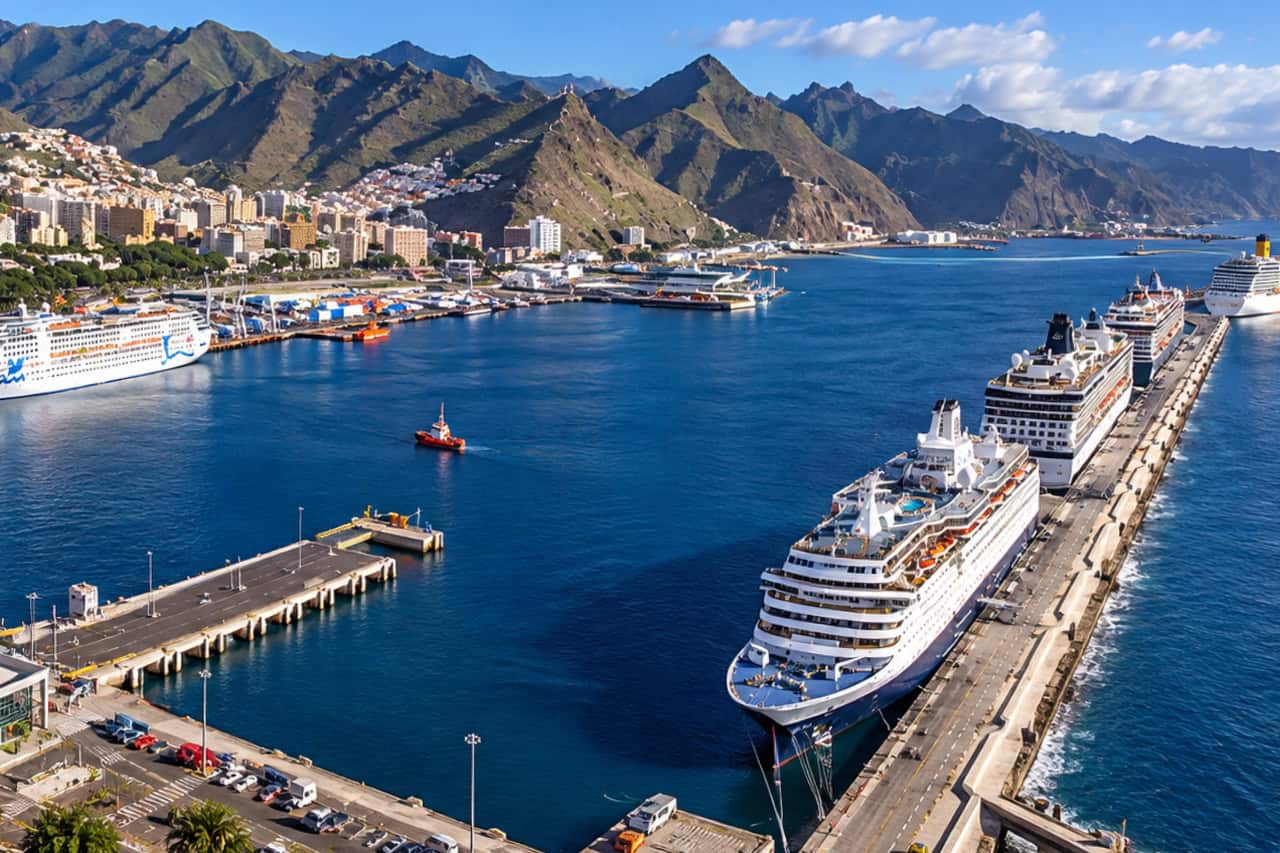 Aerial view of cruise ships docked at the port of Santa Cruz de Tenerife with the city and mountains behind