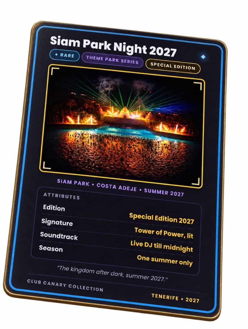 Club Canary Special Edition 2027 card for Siam Park Night in Tenerife, Rare tier, Tower of Power lit up