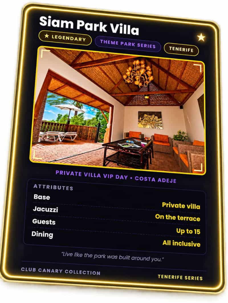 Club Canary collectible card for the Siam Park Villa VIP day in Tenerife, Legendary tier with gold border