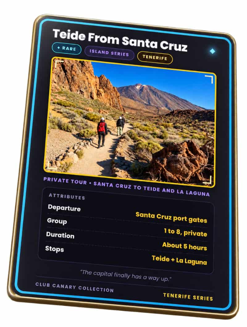 Club Canary collectible card for the private Teide and La Laguna tour from Santa Cruz, Tenerife, Rare tier