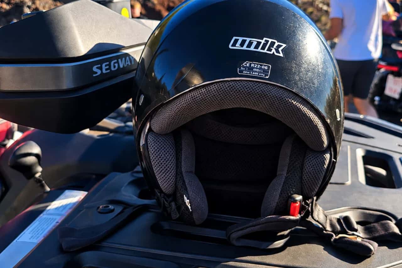 Helmets and safety gear ready for riders on the Teide quad safari