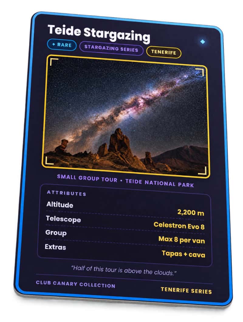 Club Canary collectible card for the small group Teide stargazing tour in Tenerife, Rare tier
