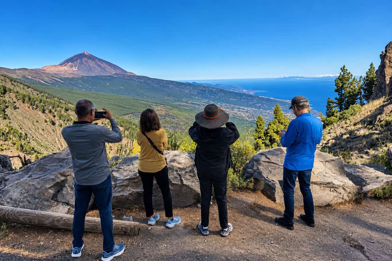 Four people photographing Mount Teide from a stone viewpoint above a green valley
