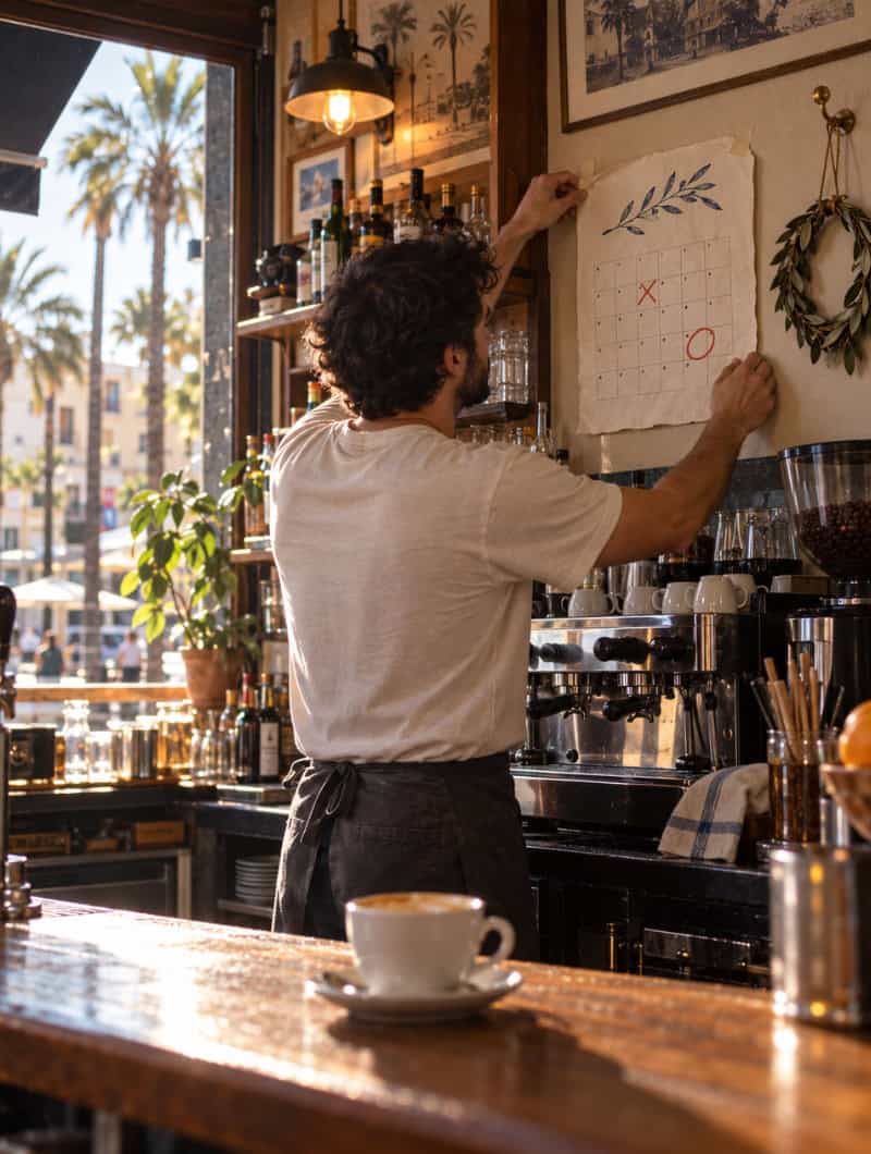 Impresie van een barman uit Santa Cruz die een handgetekend februarikalender op de muur plakte met een oude datum weggeklikt en een nieuwe datum ingekleurd, een laurierkrans erbij