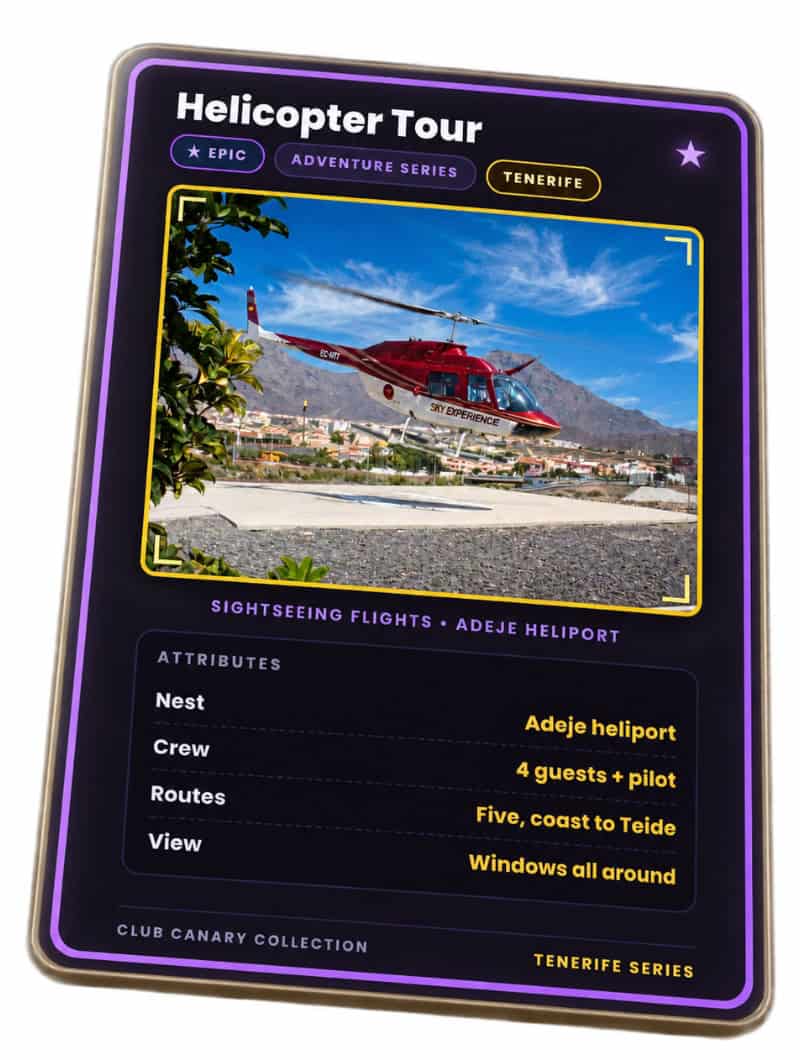 Club Canary collectible card for helicopter sightseeing flights from Adeje heliport in Tenerife, Epic tier