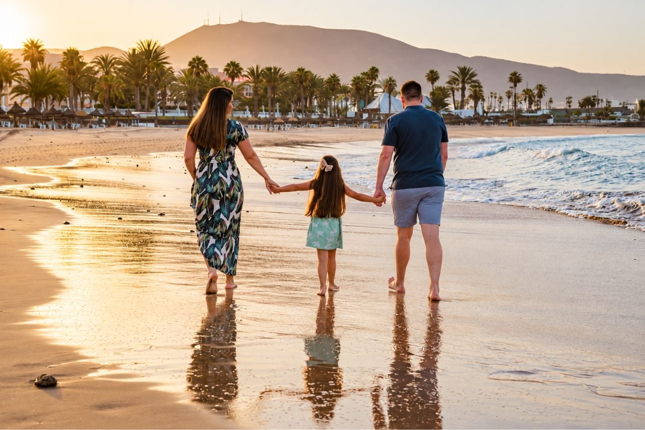 Een familie loopt met blote voeten hand in hand Playa del Duque bij zonsondergang, met palmen achter hen