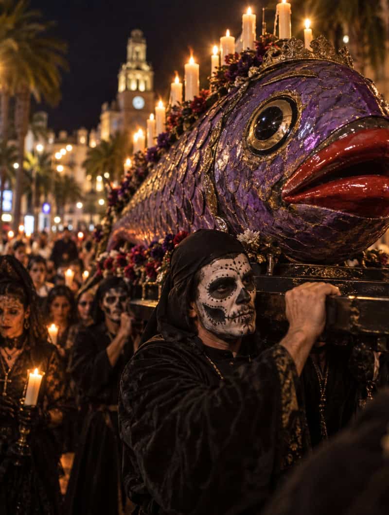 Impresie van de gigantische paarse sardine van het Entierro de la Sardina, met kaarsen en bloemen die 's nachts door rouwenden in zwart gedragen worden, met beklede schedelgezichten