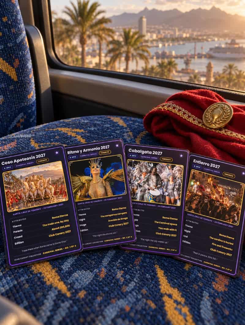 De fyra Club Canary samlarkorten från Teneriffa-karnevalet 2027 fanns utspridda på en bussstol, Coso Apoteosis, Ritmo y Armonía, Cabalgata och Entierro de la Sardina, med en röd romersk kappe bredvid dem.