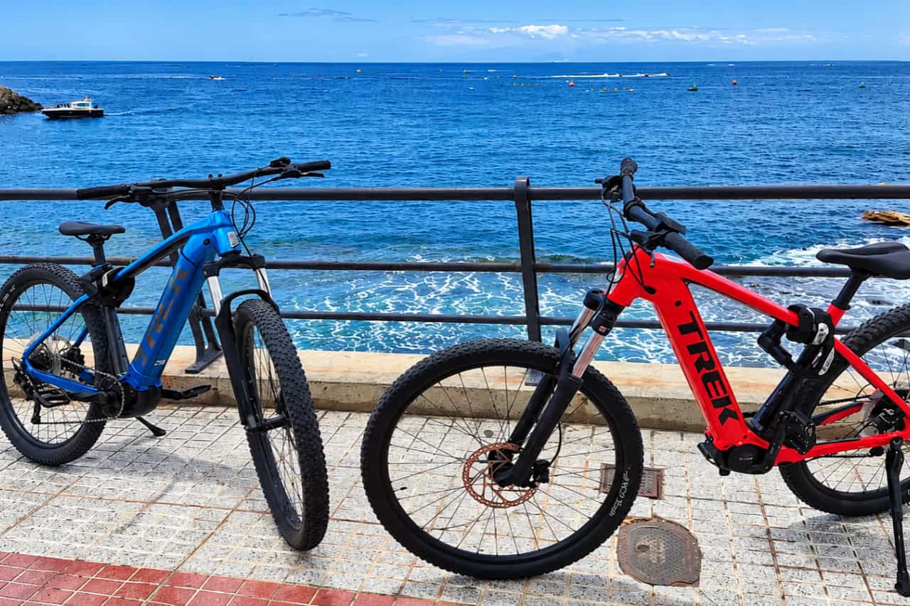Bike Rental Tenerife collectible card artwork, two Trek e-bikes parked beside the south coast