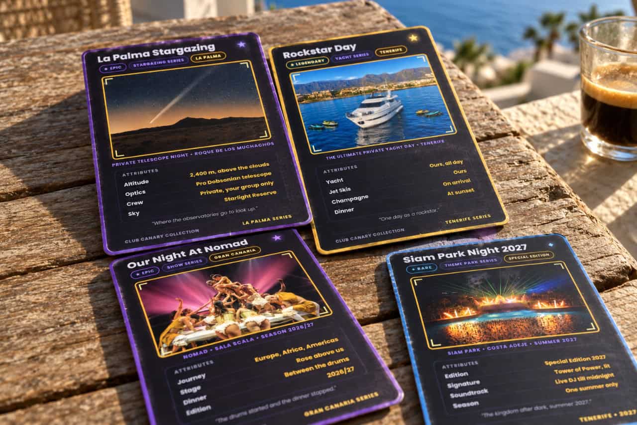 Club Canary collectible cards from La Palma, Tenerife and Gran Canaria on a table