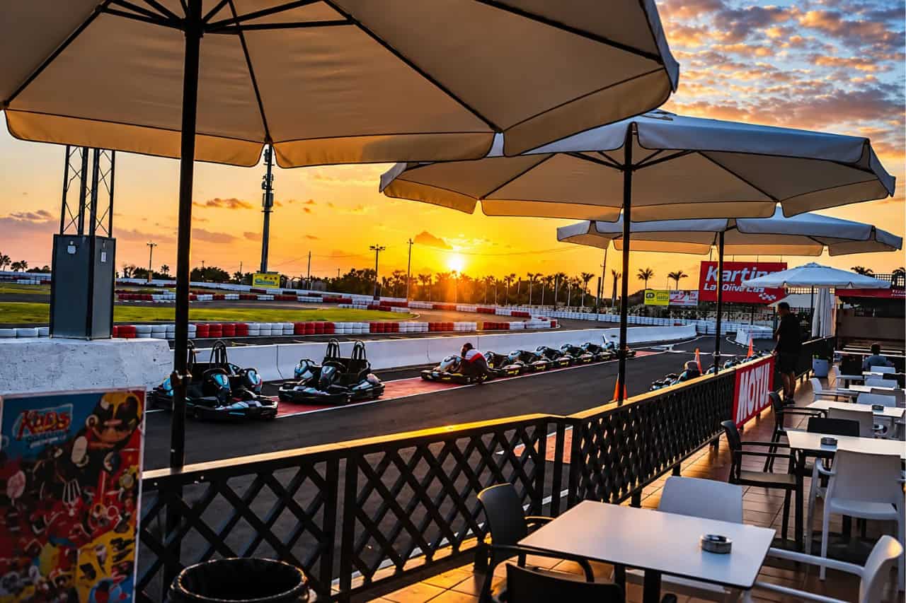 Outdoor cafe beside the go karting track in Tenerife